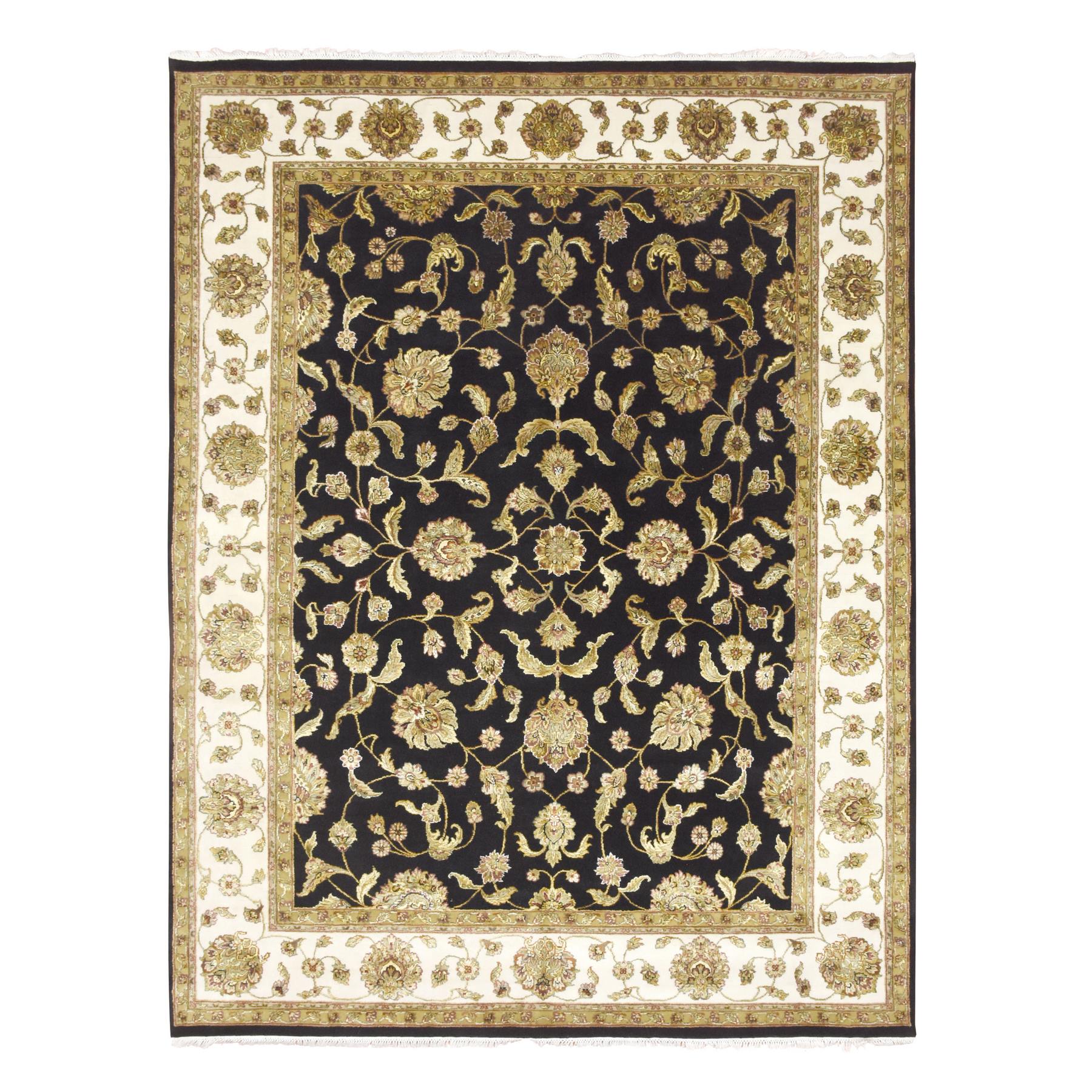 Midnight Black, Hand Knotted, Rajasthan All Over Leaf Design, Soft Pile, Wool and Silk, Thick and Plush, Oriental Rug
